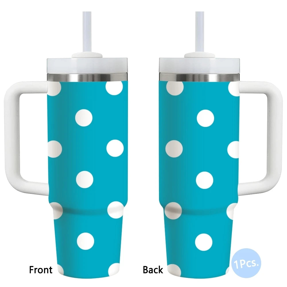 Gobelet isotherme en acier inoxydable 40oz à motif pois, avec poignée et paille, anti-fuite, pour voyage