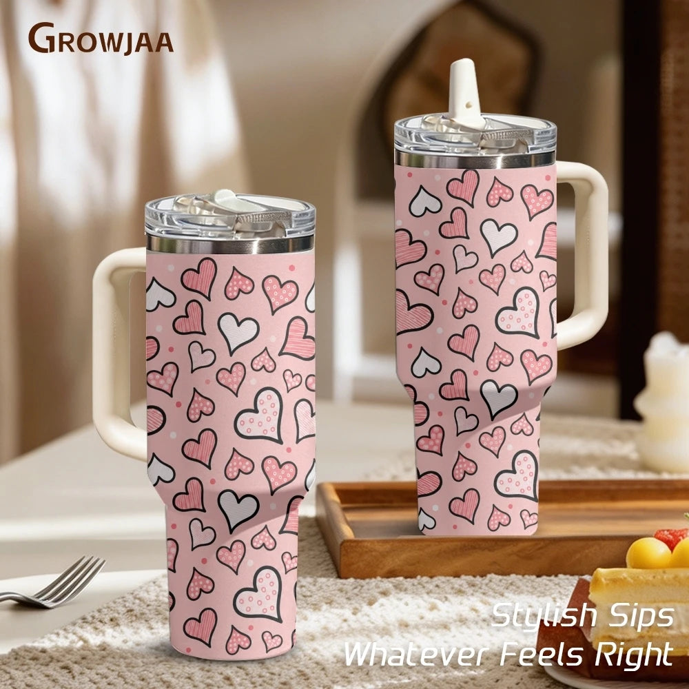 Gobelet isotherme en acier inoxydable de 40 oz, 3ème génération, avec motifs cœurs pastel, poignée et couvercle à paille, idéal pour les cadeaux