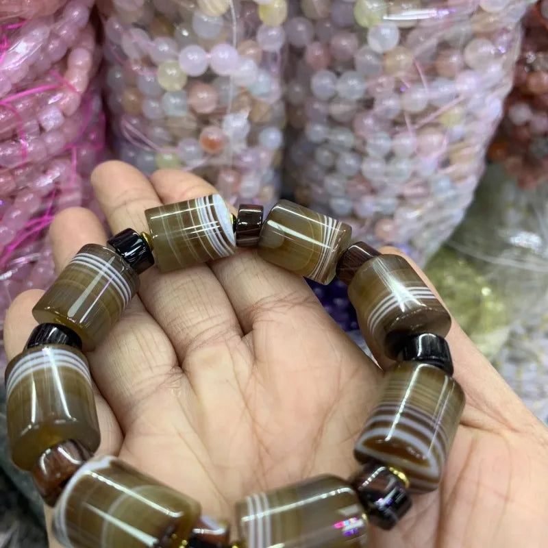 Bracelet pour homme en perles d'agate naturelle enveloppées de soie, style ethnique, avec perles en forme de seau, fait main, Passepartout
