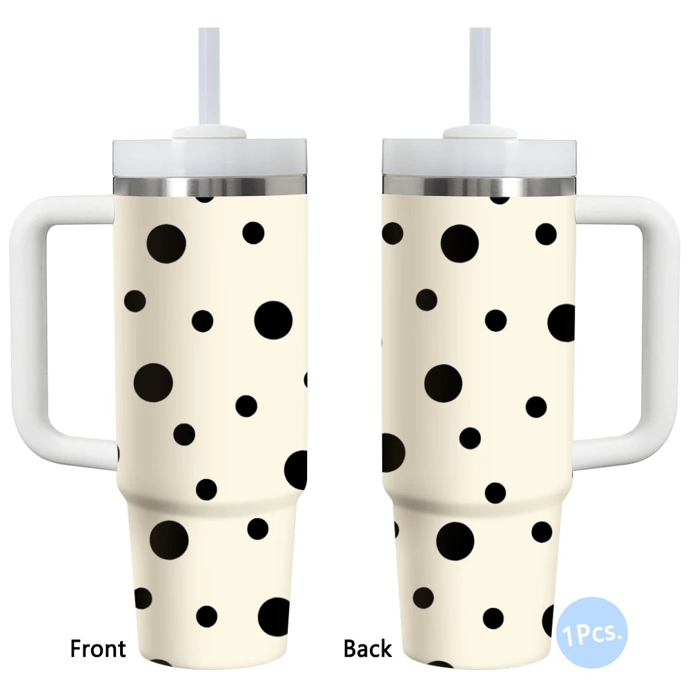 Gobelet isotherme en acier inoxydable 40oz à motif pois, avec poignée et paille, anti-fuite, pour voyage
