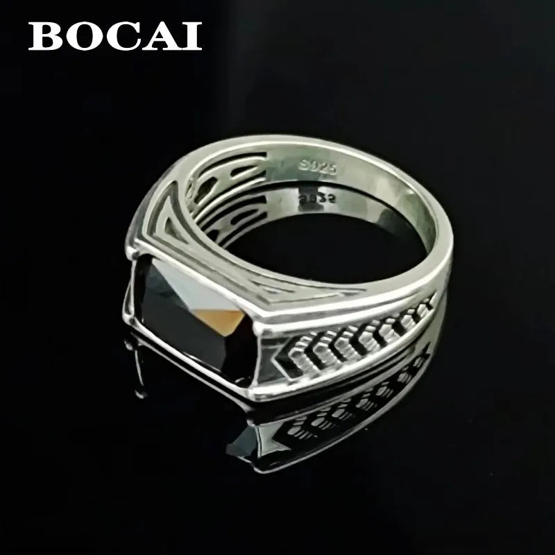 BOCAI-Bague rectangulaire en argent 100% S925 pour homme, bijoux en agate noire naturelle, style punk à la mode, cadeau exquis, livraison directe
