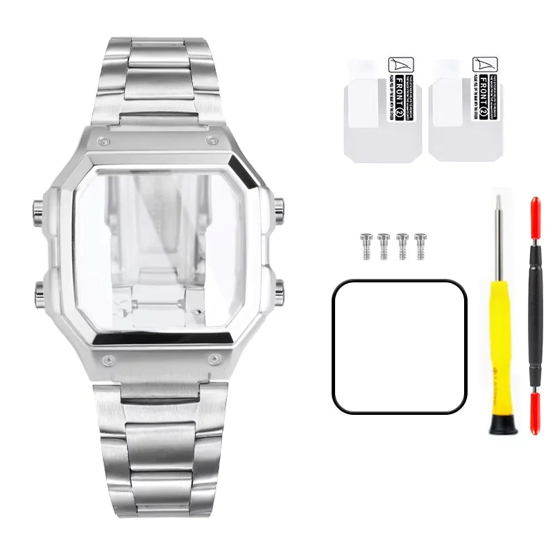 18mm AE1200 Bracelet en acier inoxydable Bracelet qualité boîtier en acier lunette argent noir or boîtier en métal HD verre AE-1200 1300 Mod kit