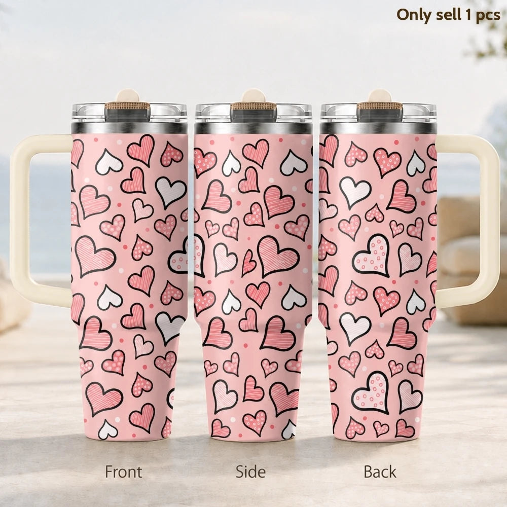 Gobelet isotherme en acier inoxydable de 40 oz, 3ème génération, avec motifs cœurs pastel, poignée et couvercle à paille, idéal pour les cadeaux