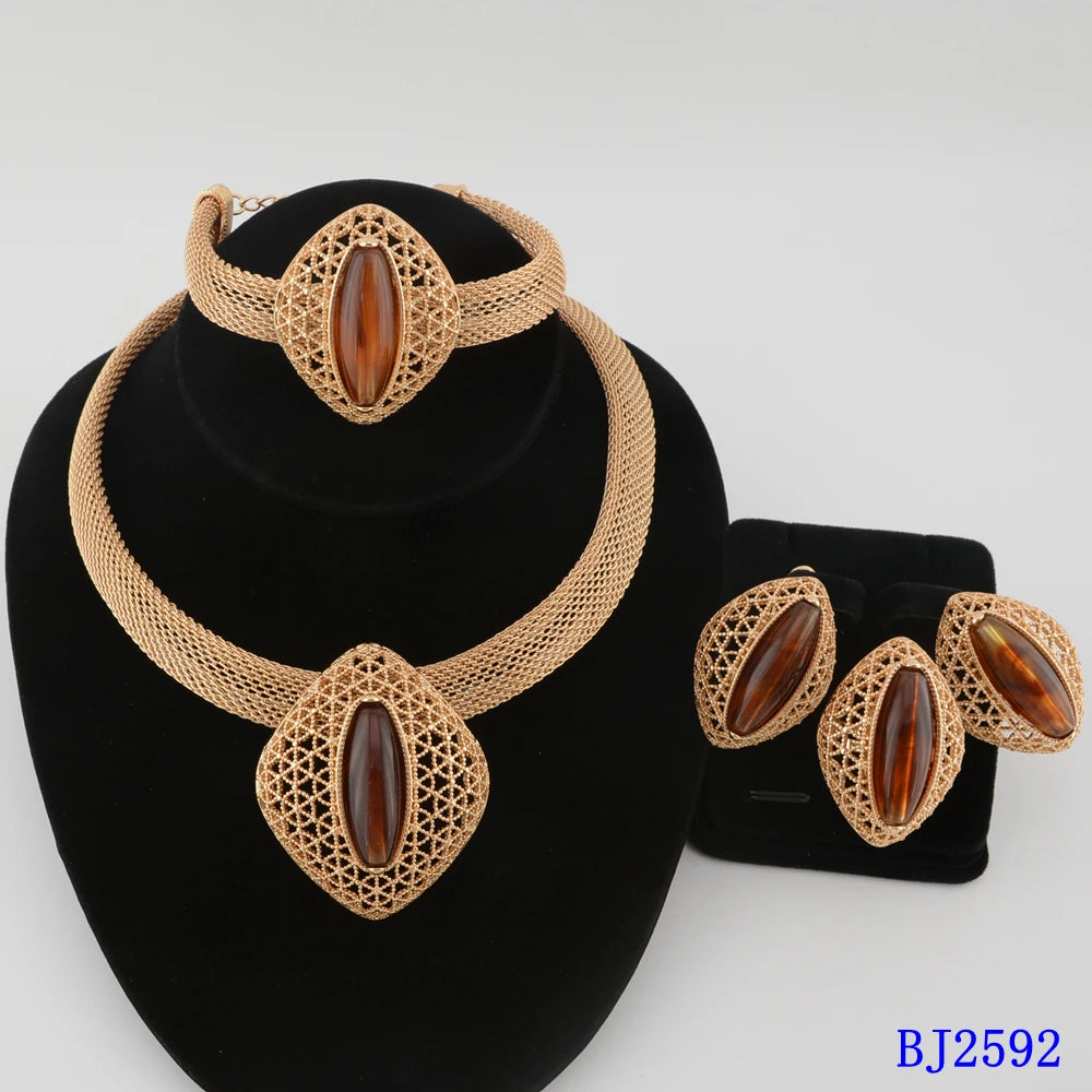 Parure de bijoux africaine en alliage de fer durable, 4 pièces, plaqué or, pour mariée, collier, boucles d'oreilles, bague, bracelet