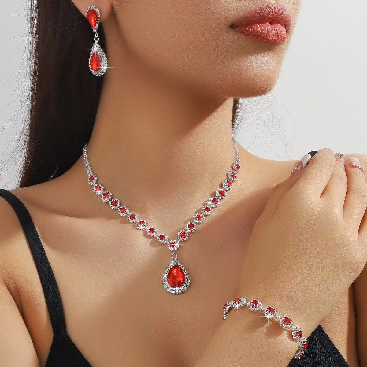 4PC femmes mode goutte d'eau fleur collier boucles d'oreilles Bracelet ensemble de bijoux fête de mariage Festival cadeau-8065