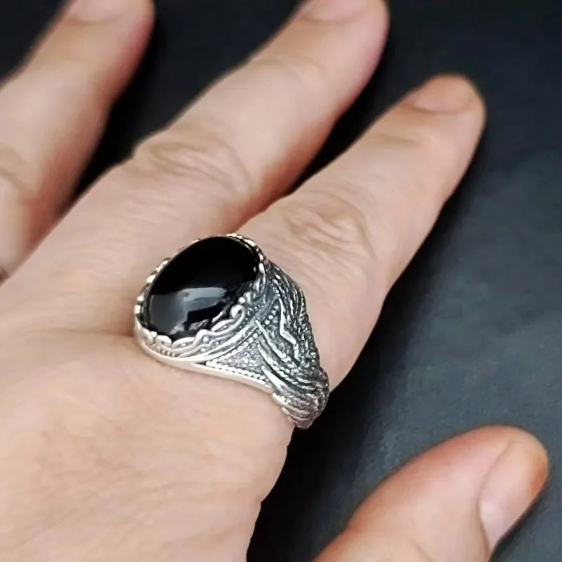 BOCAI-Bague en Agate Noire Naturelle pour Homme, Bijoux en Argent 100% S925, Style Punk à la Mode, Cadeau Exquis, Livraison Directe