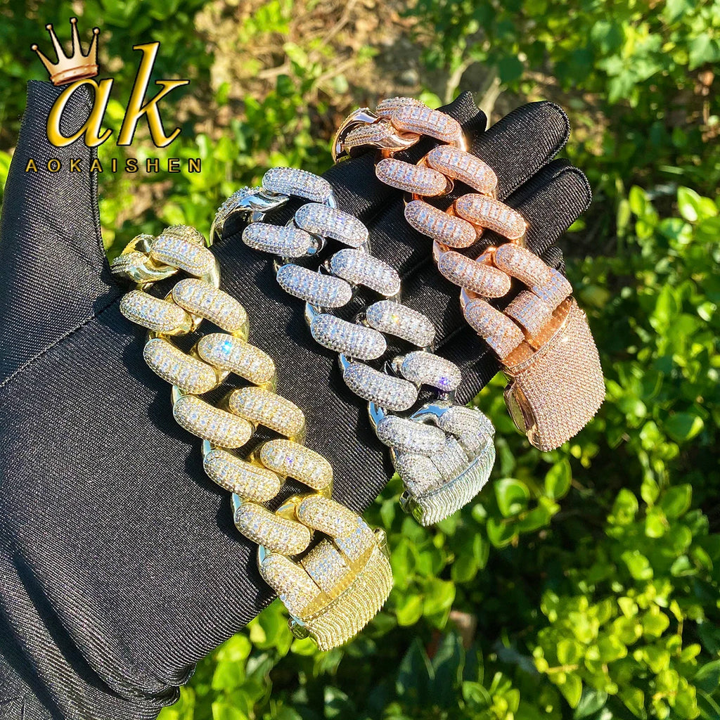 Aokaishen 32mm glacé épais lourd Miami Baguette Bracelet pour hommes 5A zircon cubique plaqué or Hip Hop bijoux