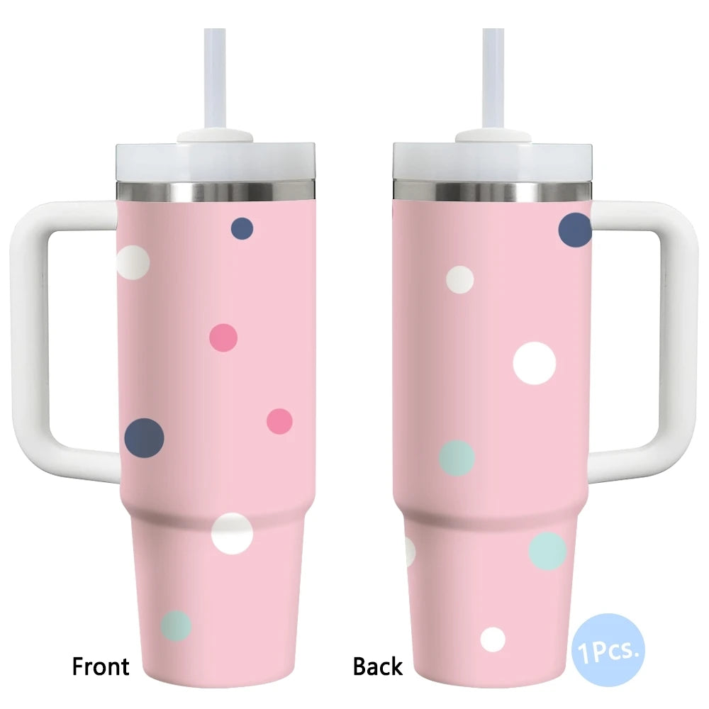 Gobelet isotherme en acier inoxydable 40oz à motif pois, avec poignée et paille, anti-fuite, pour voyage