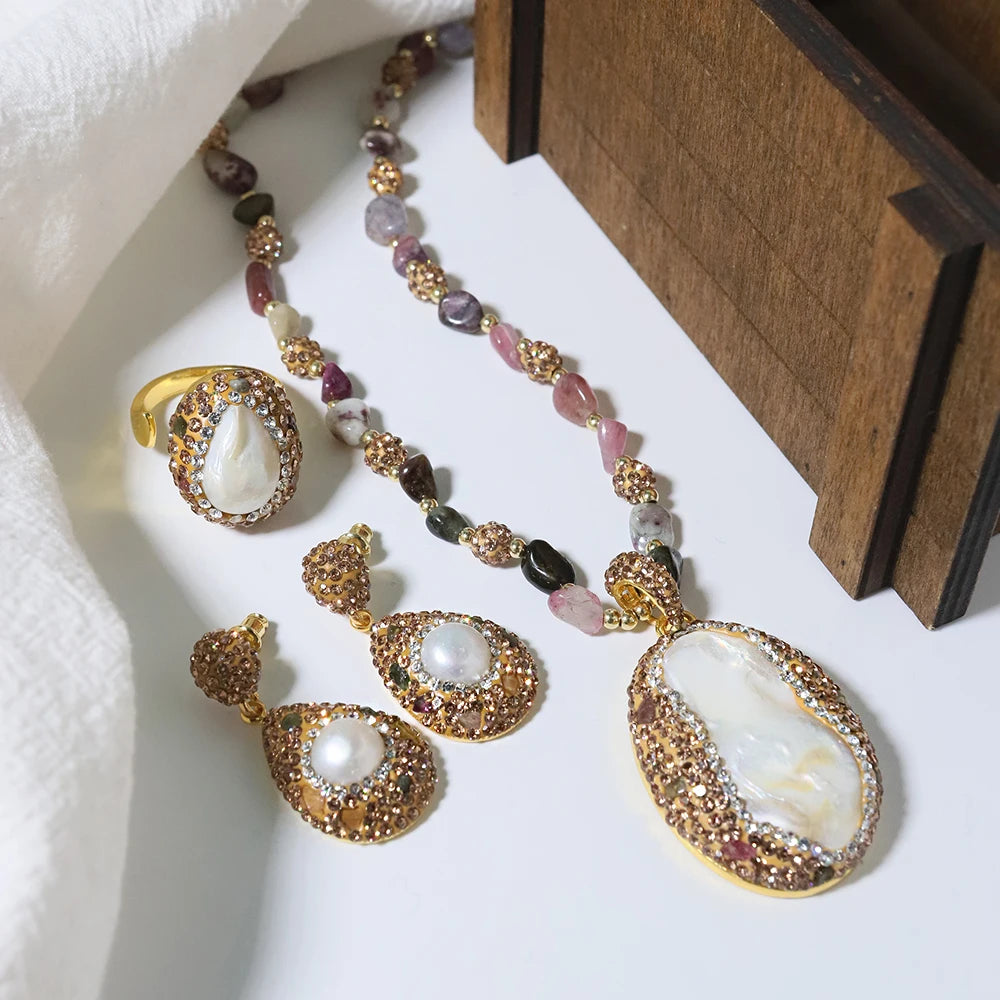 Bijoux en perles naturelles baroques pour femmes, collier, Bracelet, boucle d'oreille, bague, ensembles élégants pour femmes, ensemble de luxe pour femmes, cadeaux