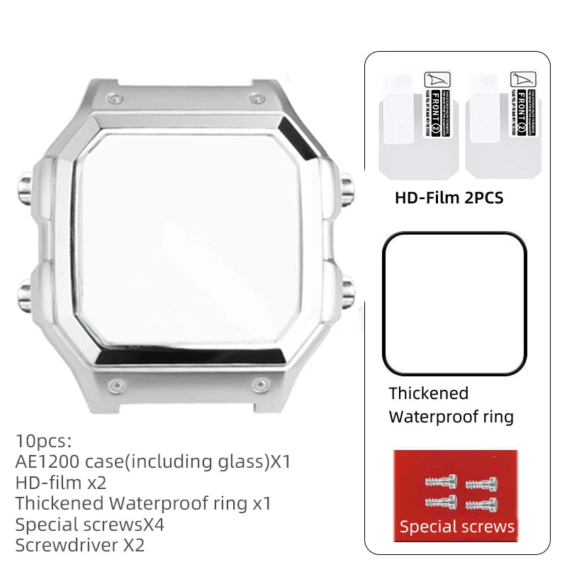 18mm AE1200 Bracelet en acier inoxydable Bracelet qualité boîtier en acier lunette argent noir or boîtier en métal HD verre AE-1200 1300 Mod kit