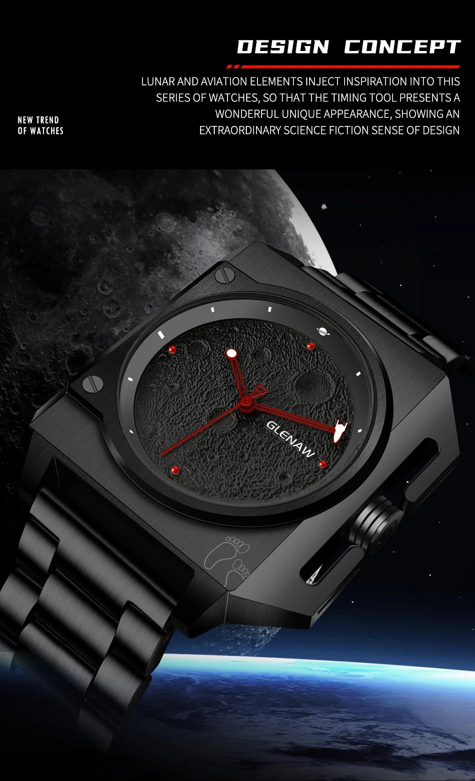 Montre Homme GLENAW Design de marque originale Montre mécanique cadran de lune pointeur de vaisseau spatial lumineux Montre en acier inoxydable pour hommes