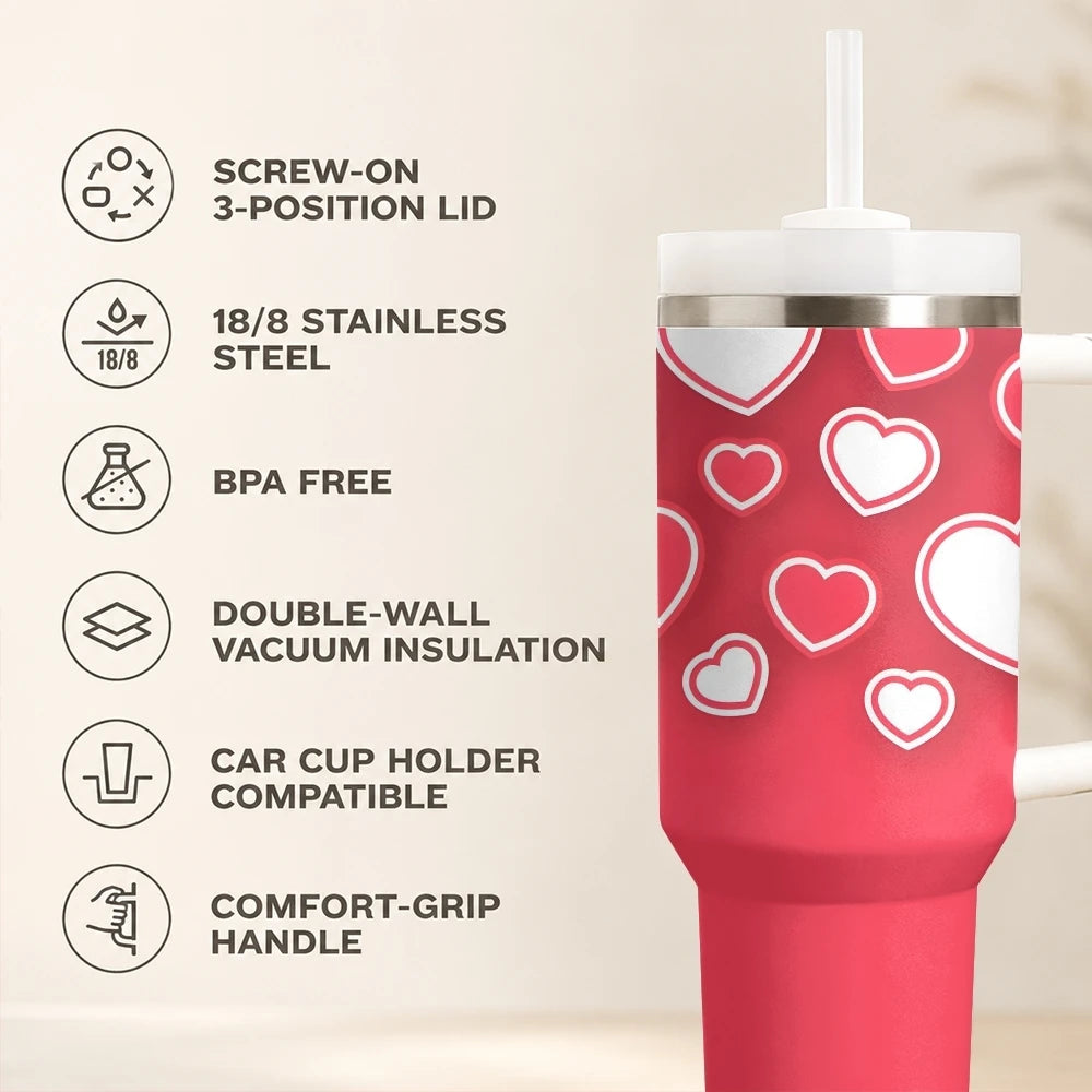 Gourde isotherme tendance en forme de cœur, 40 oz, en acier inoxydable, avec poignée et paille, anti-fuite, pour le quotidien et les voyages