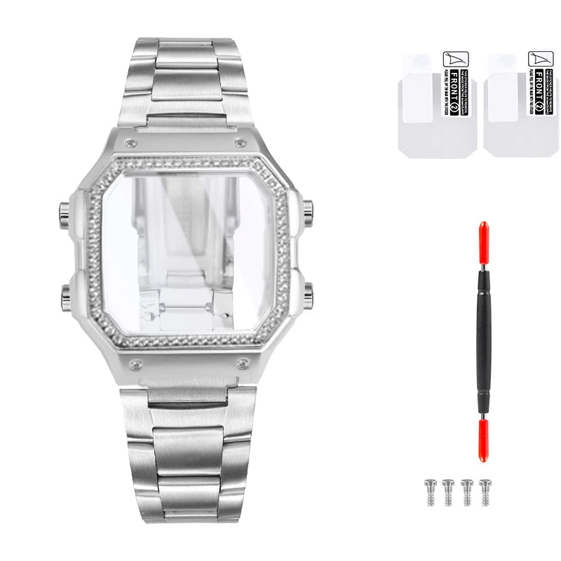 18mm AE1200 Bracelet en acier inoxydable Bracelet qualité boîtier en acier lunette argent noir or boîtier en métal HD verre AE-1200 1300 Mod kit