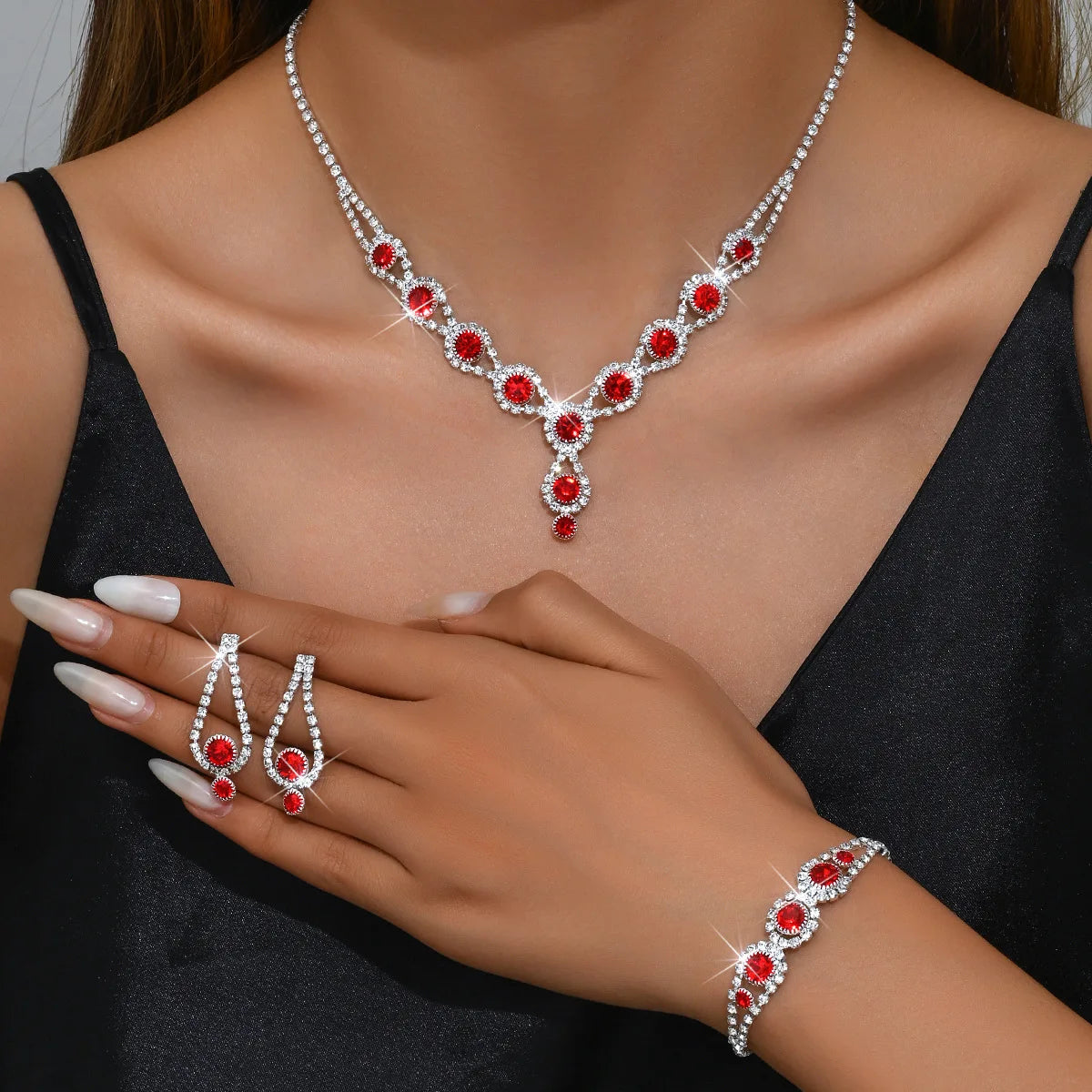 KMVEXO-Ensemble de bijoux en biscuits brillants pour femmes, collier, boucles d'oreilles, bracelet, patients de mariage, tour de cou en cristal, accessoires de banquet