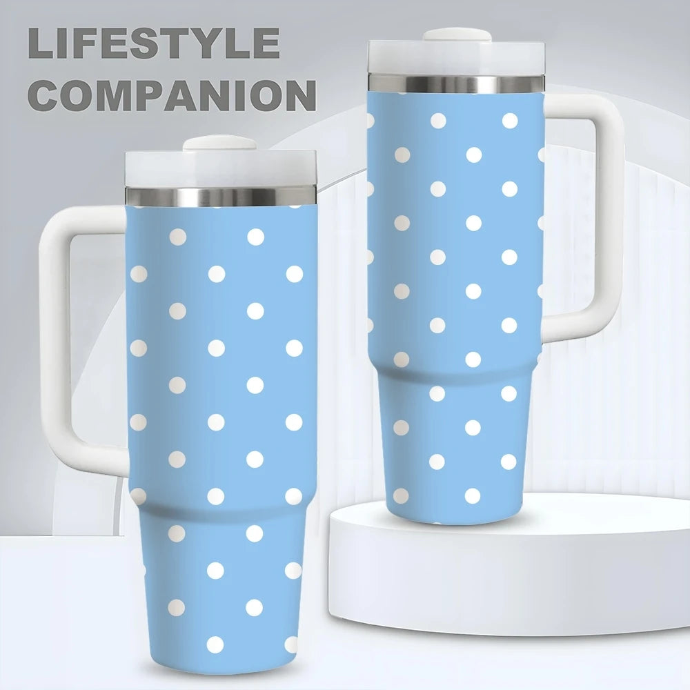 Gobelet isotherme en acier inoxydable 40oz à motif pois, avec poignée et paille, anti-fuite, pour voyage