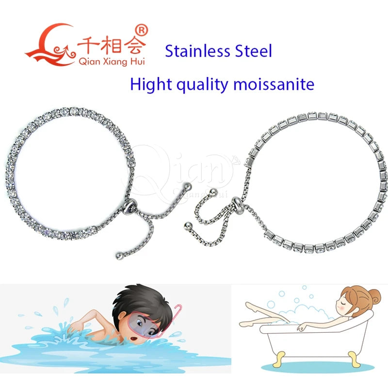 Bracelet réglable en argent pour homme et femme, bijoux en acier inoxydable, Moissanite blanche, degré d'eau pour le bain et la natation, 4mm