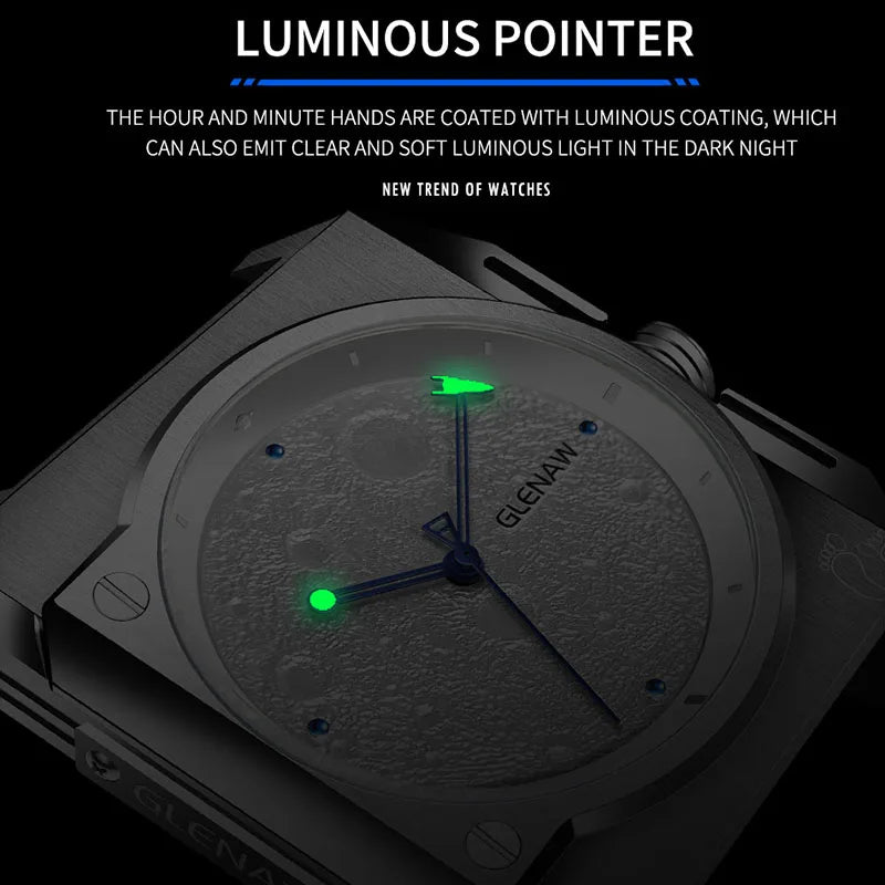 Montre Homme GLENAW Design de marque originale Montre mécanique cadran de lune pointeur de vaisseau spatial lumineux Montre en acier inoxydable pour hommes
