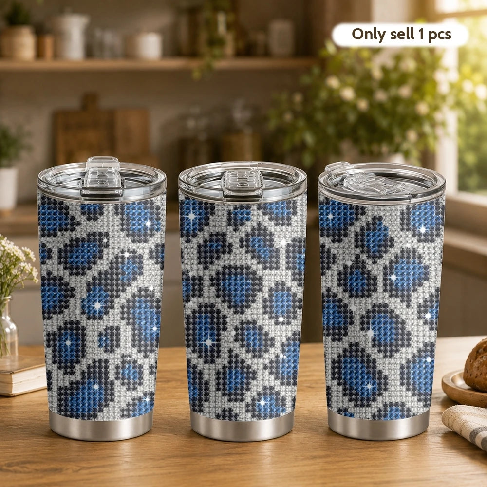 Tasse à café isotherme en acier inoxydable de 20 oz avec motif léopard et cœur en strass, 2 couvercles et paille réutilisable