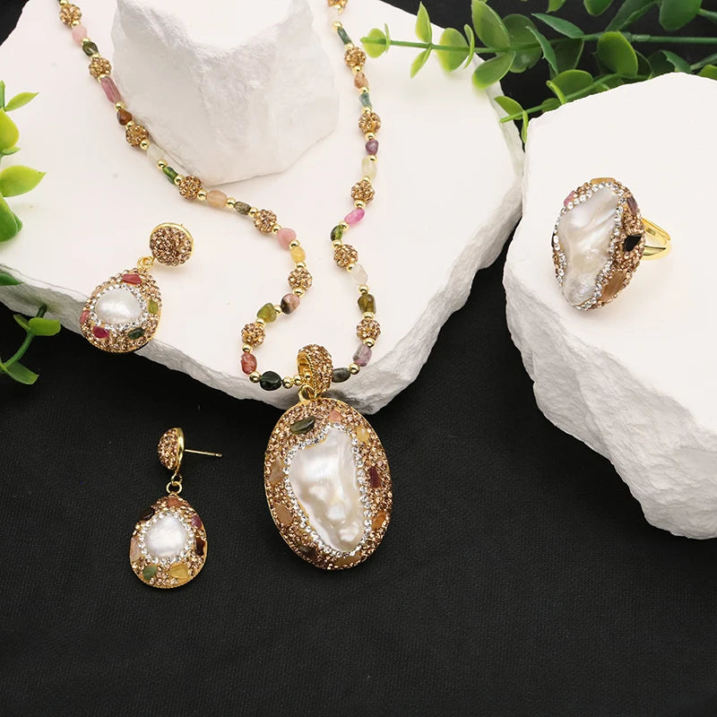 Bijoux en perles naturelles baroques pour femmes, collier, Bracelet, boucle d'oreille, bague, ensembles élégants pour femmes, ensemble de luxe pour femmes, cadeaux