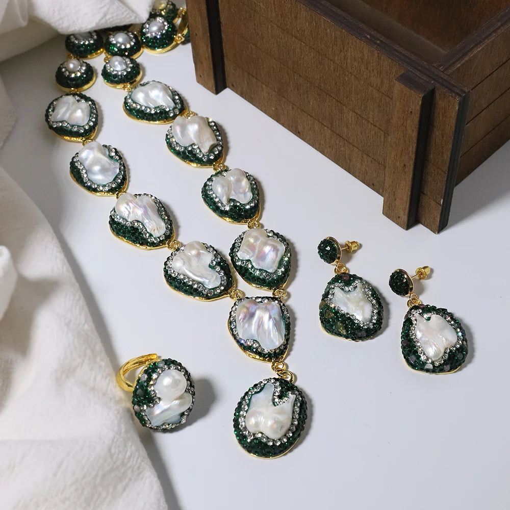 Parure de bijoux pour femmes en perles baroques naturelles, collier, bracelet, boucles d'oreilles, bague, ensemble élégant de luxe pour femmes, cadeaux GS0201
