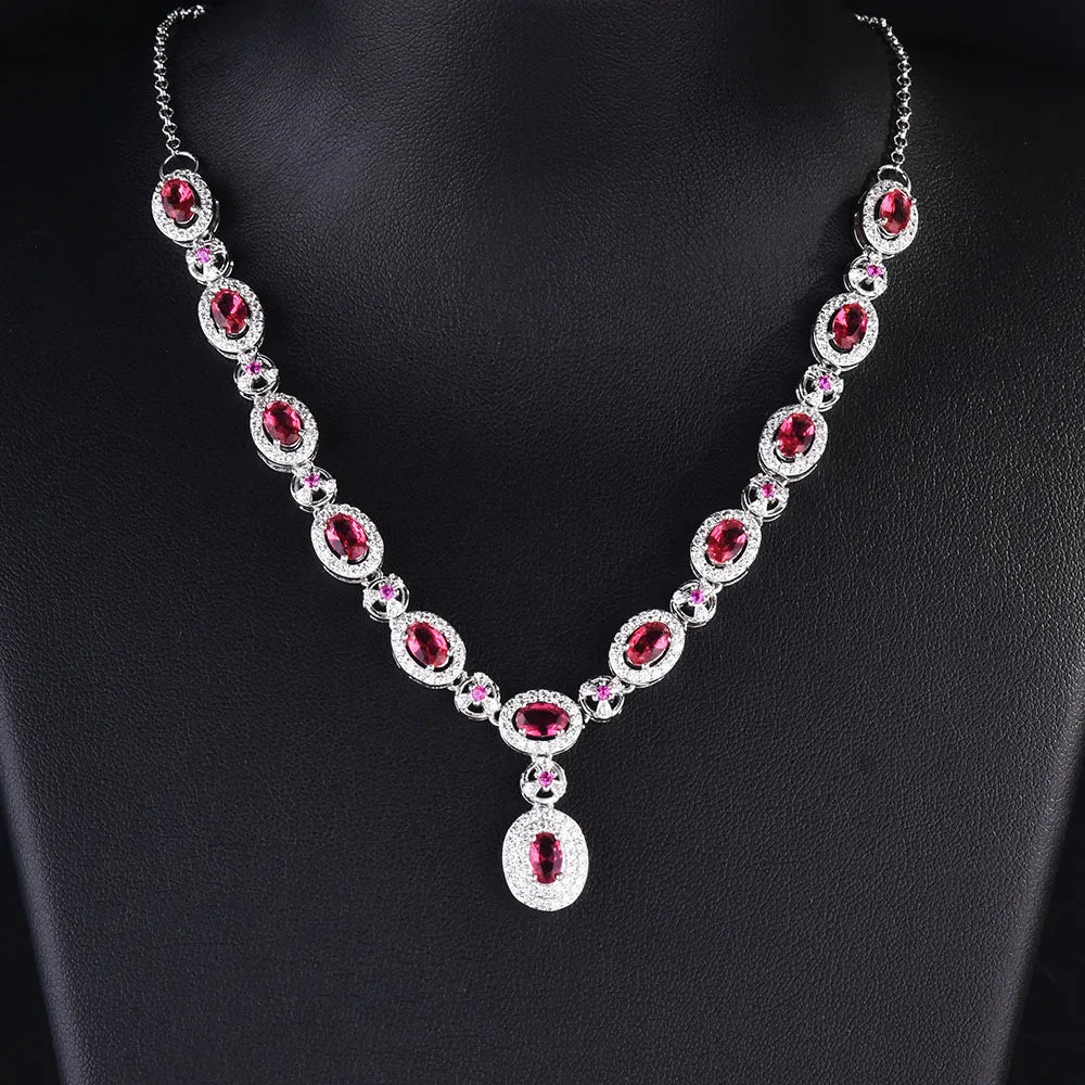 Collier en argent sterling S925 avec ensemble de mariage fait main en rubis rouge et émeraude.