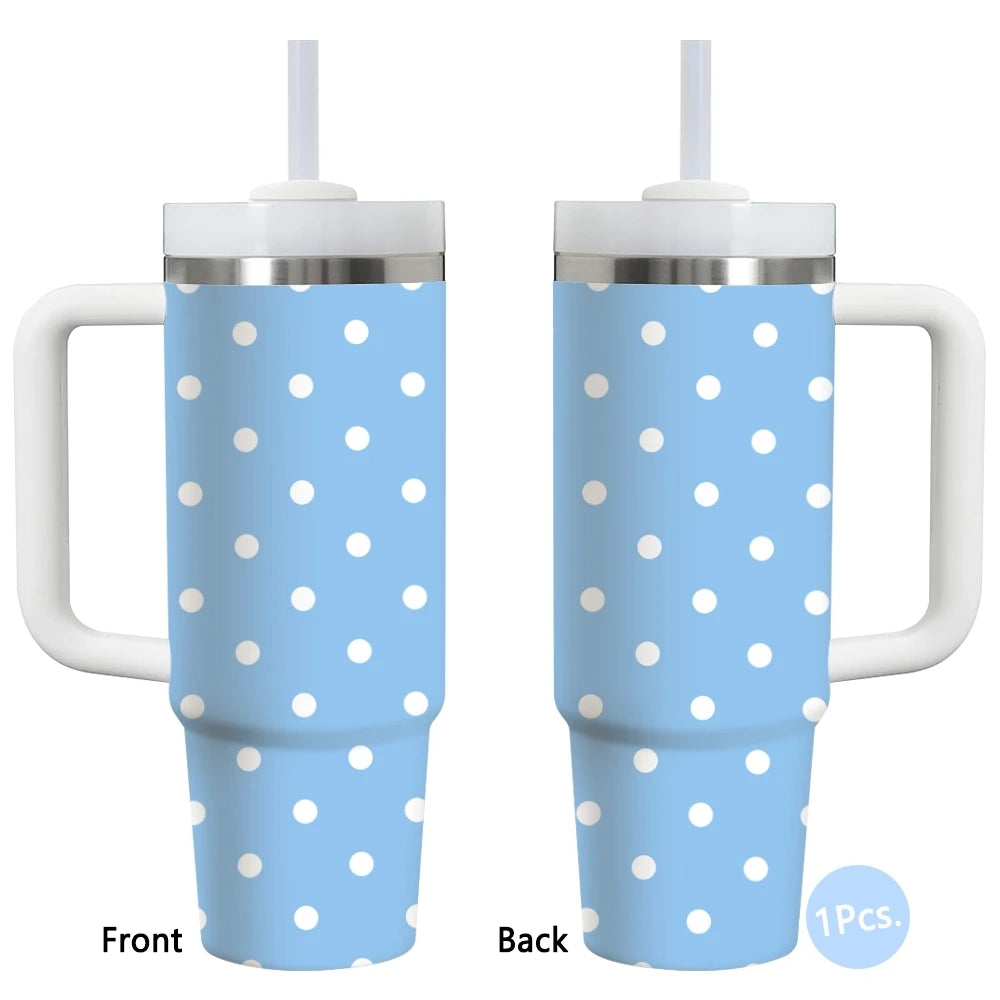 Gobelet isotherme en acier inoxydable 40oz à motif pois, avec poignée et paille, anti-fuite, pour voyage