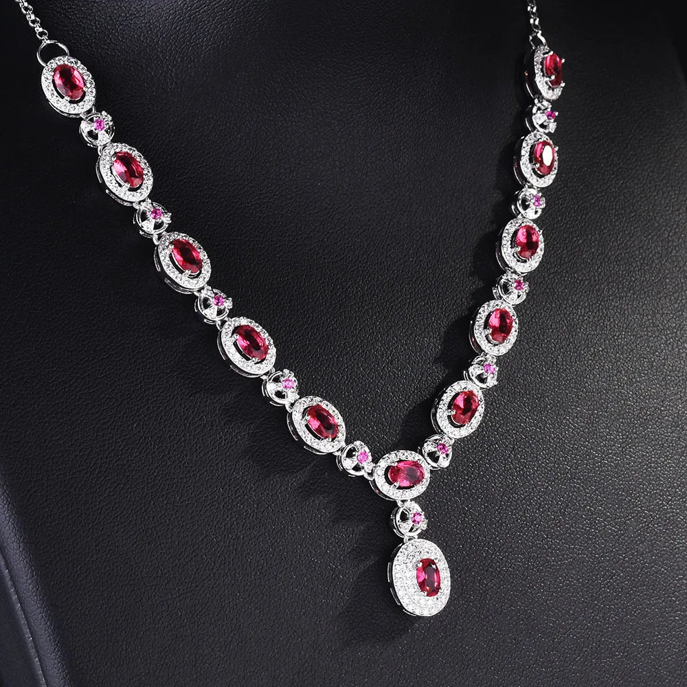 Collier en argent sterling S925 avec ensemble de mariage fait main en rubis rouge et émeraude.