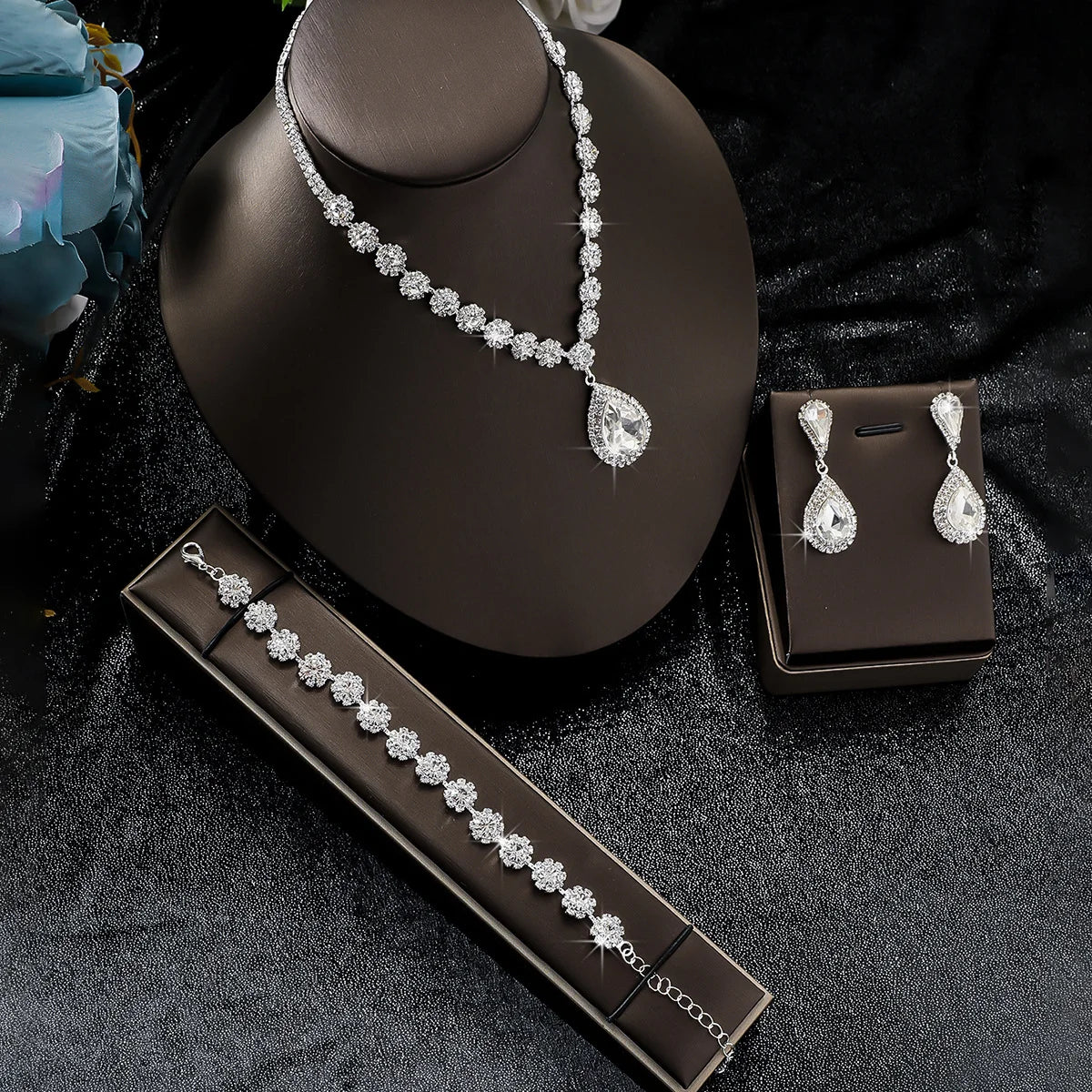 4PC femmes mode goutte d'eau fleur collier boucles d'oreilles Bracelet ensemble de bijoux fête de mariage Festival cadeau-8065