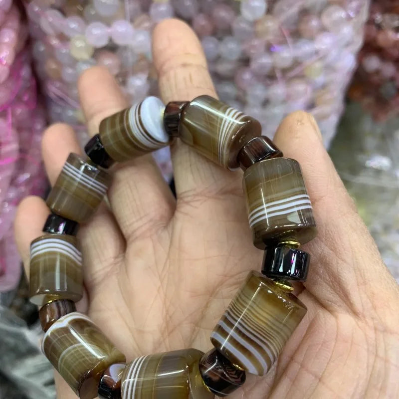 Bracelet pour homme en perles d'agate naturelle enveloppées de soie, style ethnique, avec perles en forme de seau, fait main, Passepartout