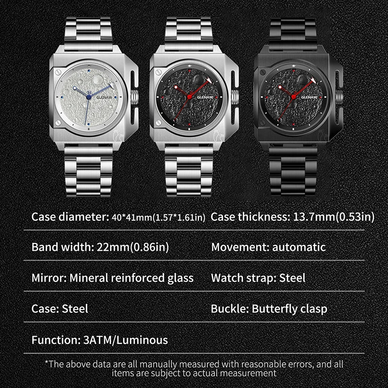 Montre Homme GLENAW Design de marque originale Montre mécanique cadran de lune pointeur de vaisseau spatial lumineux Montre en acier inoxydable pour hommes
