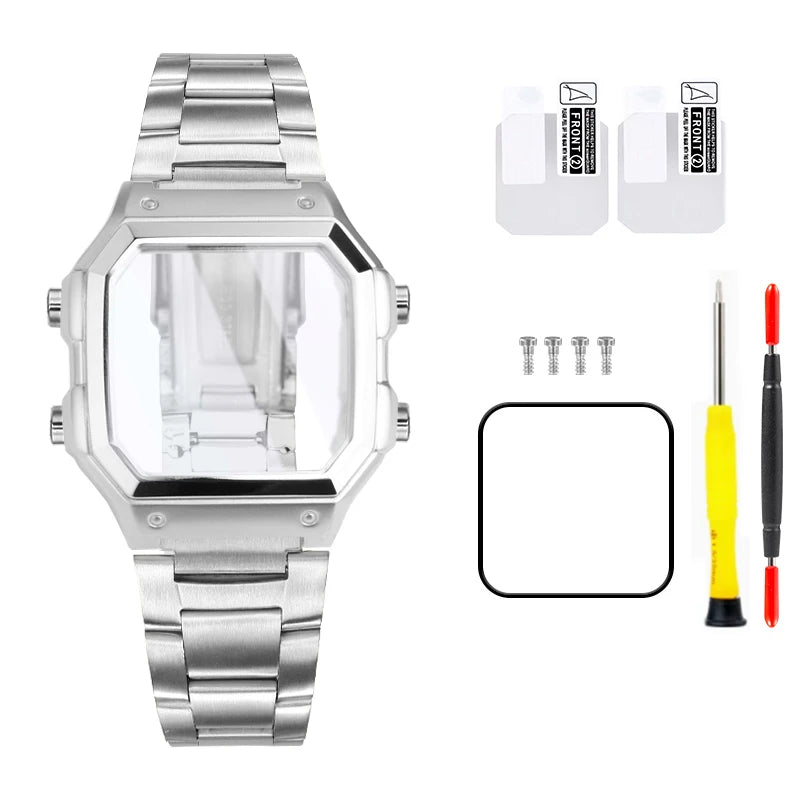 18mm AE1200 Bracelet en acier inoxydable Bracelet qualité boîtier en acier lunette argent noir or boîtier en métal HD verre AE-1200 1300 Mod kit