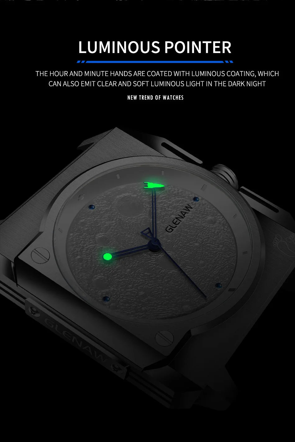 Montre Homme GLENAW Design de marque originale Montre mécanique cadran de lune pointeur de vaisseau spatial lumineux Montre en acier inoxydable pour hommes