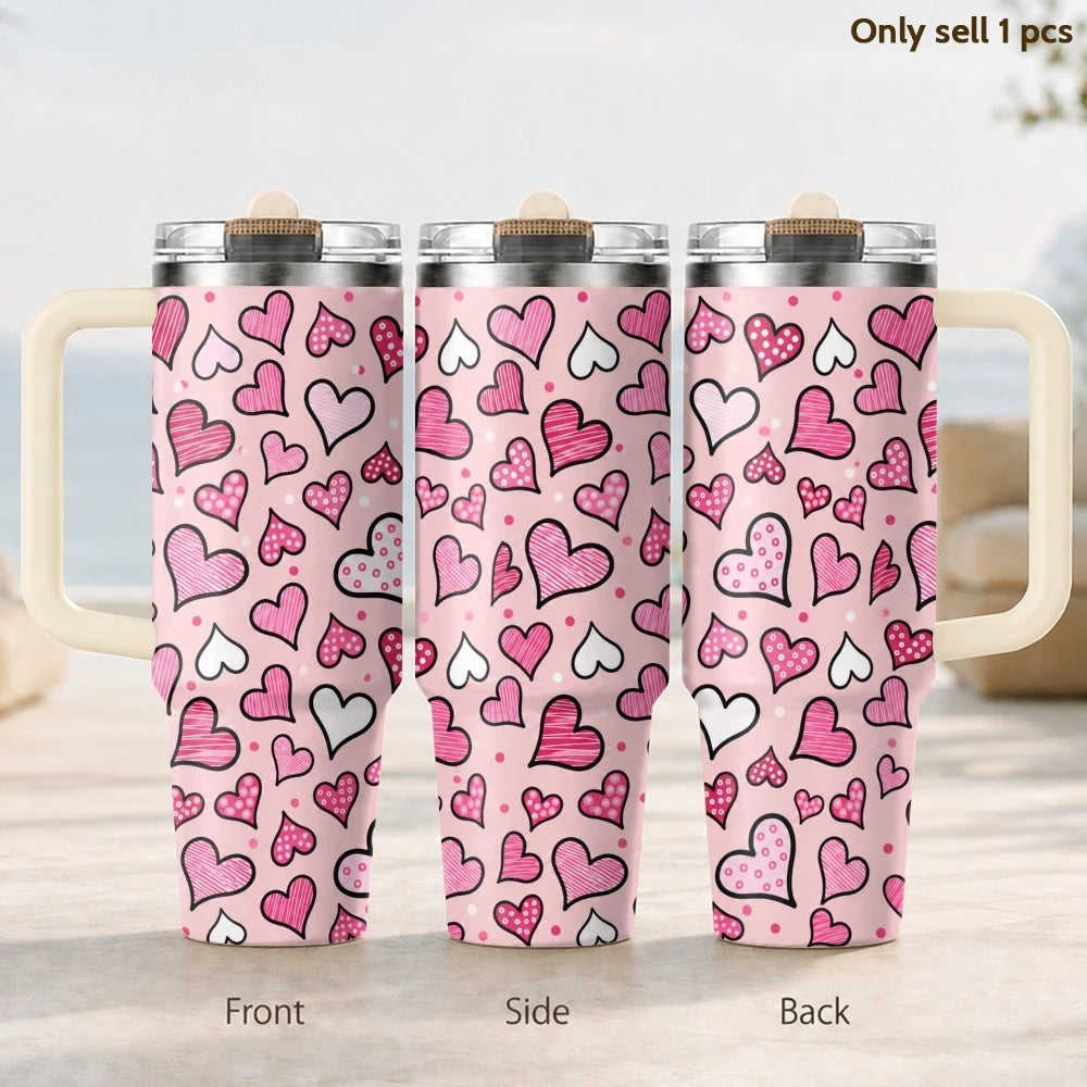 Gobelet isotherme en acier inoxydable de 40 oz, 3ème génération, avec motifs cœurs pastel, poignée et couvercle à paille, idéal pour les cadeaux