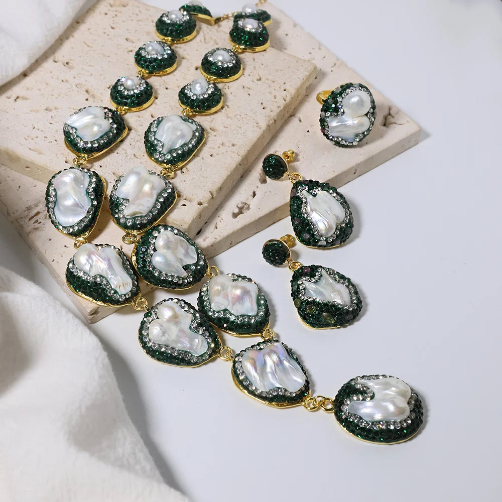 Parure de bijoux pour femmes en perles baroques naturelles, collier, bracelet, boucles d'oreilles, bague, ensemble élégant de luxe pour femmes, cadeaux GS0201