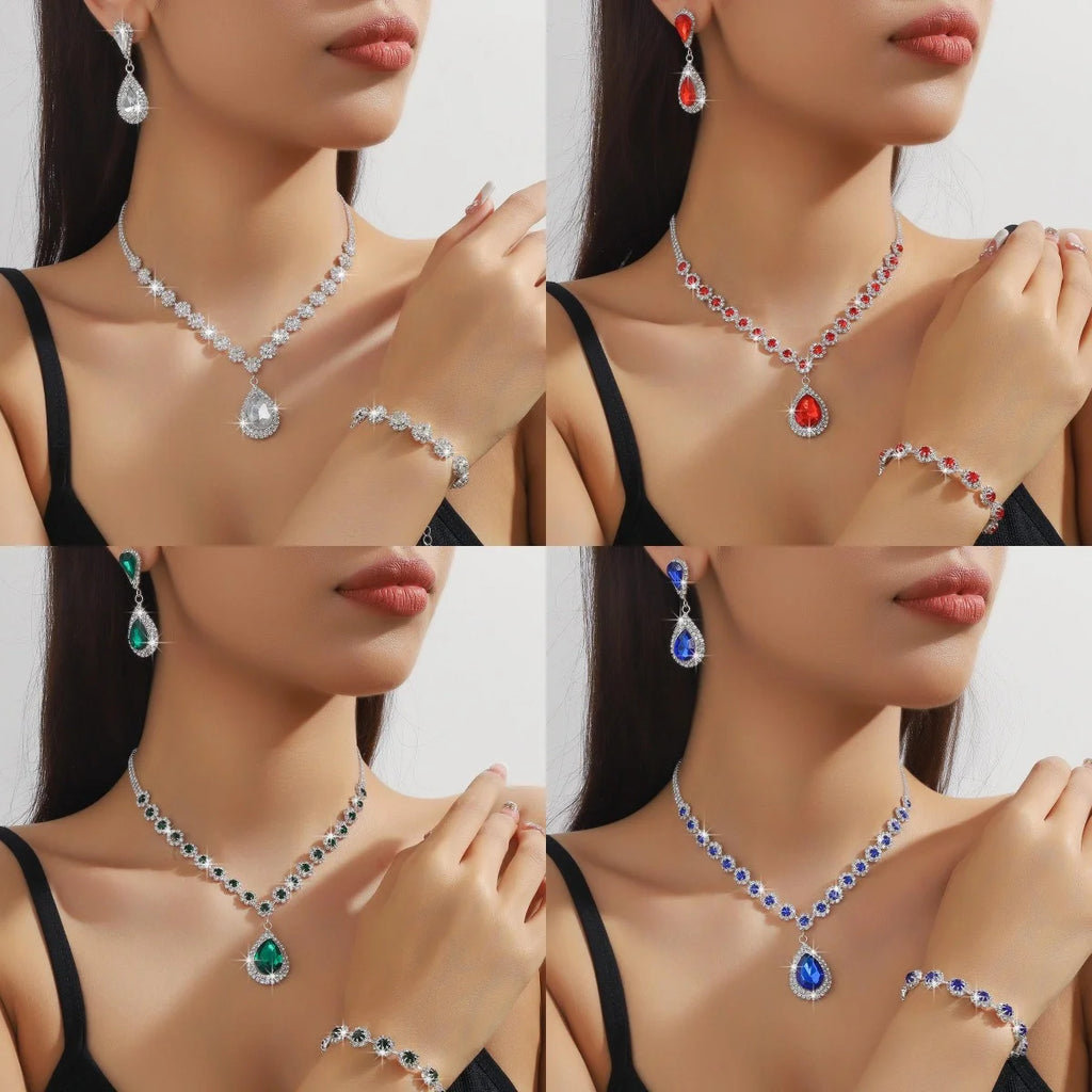 4PC femmes mode goutte d'eau fleur collier boucles d'oreilles Bracelet ensemble de bijoux fête de mariage Festival cadeau-8065