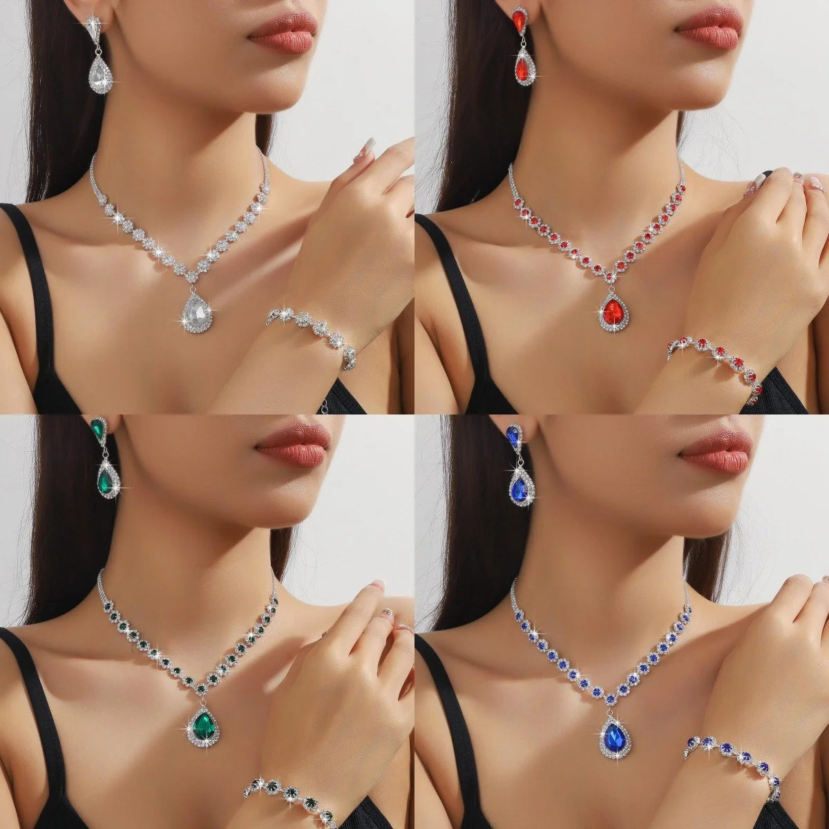 4PC femmes mode goutte d'eau fleur collier boucles d'oreilles Bracelet ensemble de bijoux fête de mariage Festival cadeau-8065