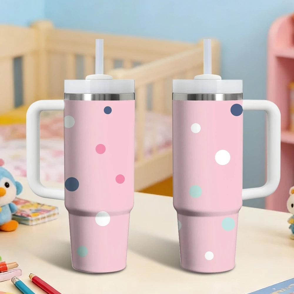 Gobelet isotherme en acier inoxydable 40oz à motif pois, avec poignée et paille, anti-fuite, pour voyage
