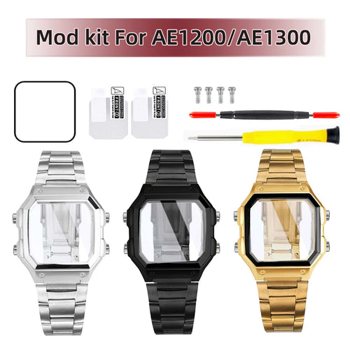 18mm AE1200 Bracelet en acier inoxydable Bracelet qualité boîtier en acier lunette argent noir or boîtier en métal HD verre AE-1200 1300 Mod kit