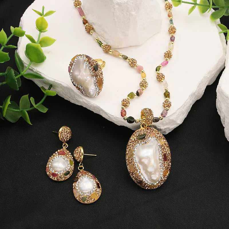 Bijoux en perles naturelles baroques pour femmes, collier, Bracelet, boucle d'oreille, bague, ensembles élégants pour femmes, ensemble de luxe pour femmes, cadeaux