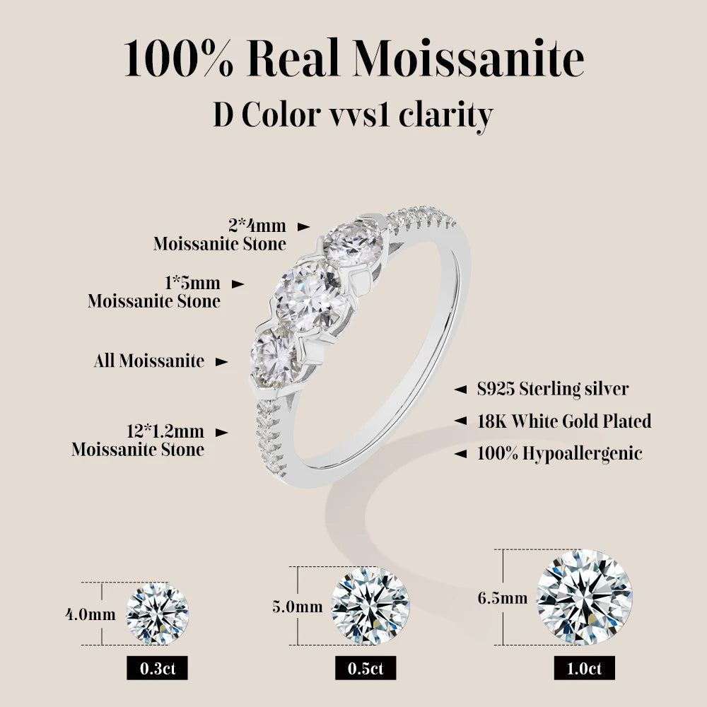 ATTAGEMS-Bagues en diamant Moissanite pour hommes et femmes, 3 matiques rondes, argent S925 plaqué or, bijoux de fête de fiançailles, cadeau, nouveau, 1,2 CTW