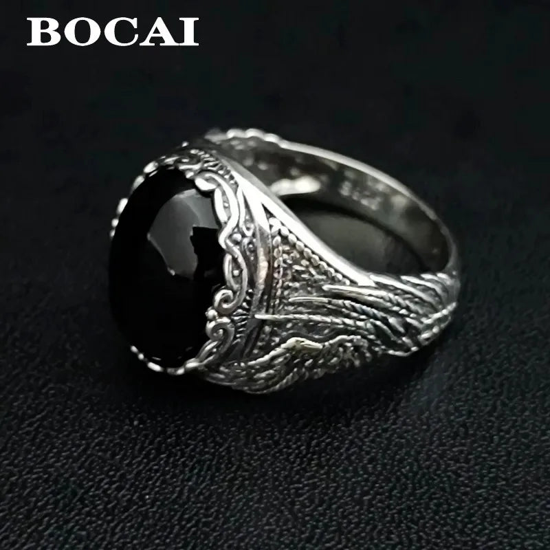 BOCAI-Bague en Agate Noire Naturelle pour Homme, Bijoux en Argent 100% S925, Style Punk à la Mode, Cadeau Exquis, Livraison Directe