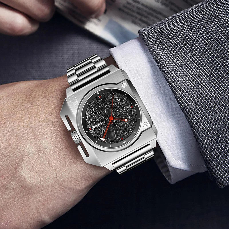 Montre Homme GLENAW Design de marque originale Montre mécanique cadran de lune pointeur de vaisseau spatial lumineux Montre en acier inoxydable pour hommes