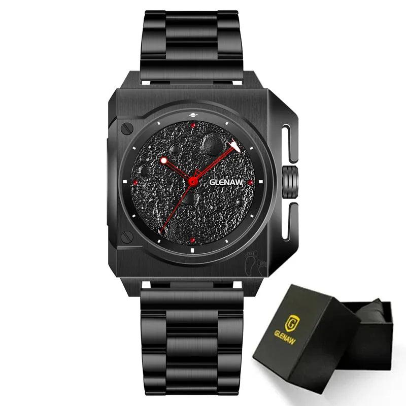 Montre Homme GLENAW Design de marque originale Montre mécanique cadran de lune pointeur de vaisseau spatial lumineux Montre en acier inoxydable pour hommes