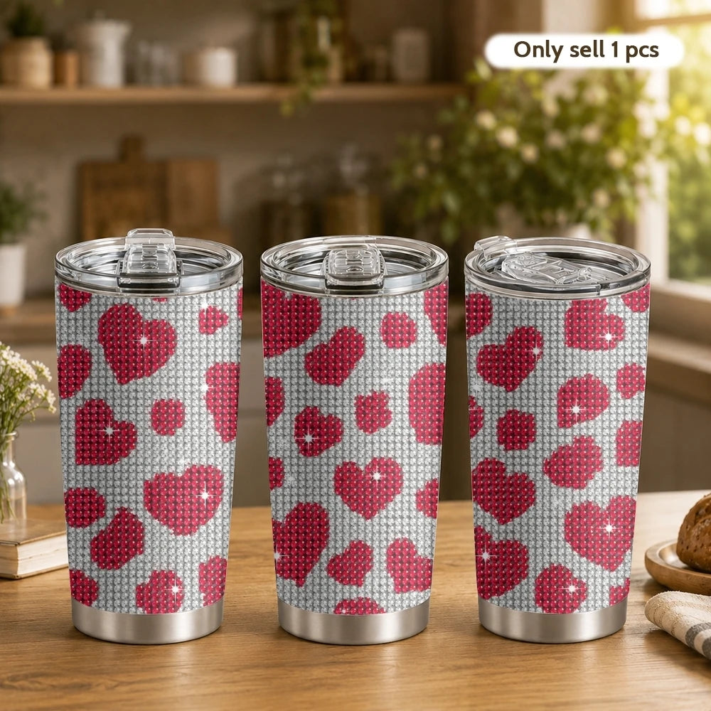 Tasse à café isotherme en acier inoxydable de 20 oz avec motif léopard et cœur en strass, 2 couvercles et paille réutilisable
