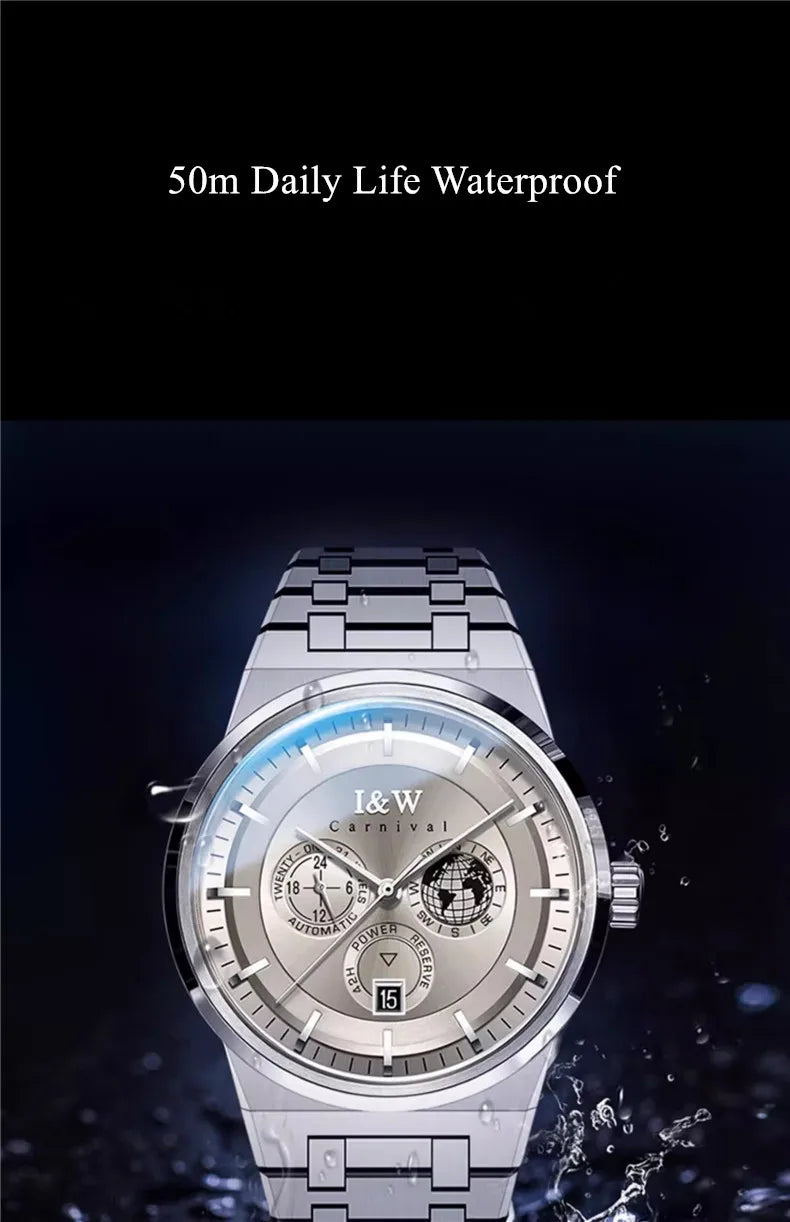 Montre Homme CARNIVAL Montre d'affaires mécanique pour hommes marque de luxe Montre-bracelet automatique 50M étanche 2024 Homme Reloj Hombre