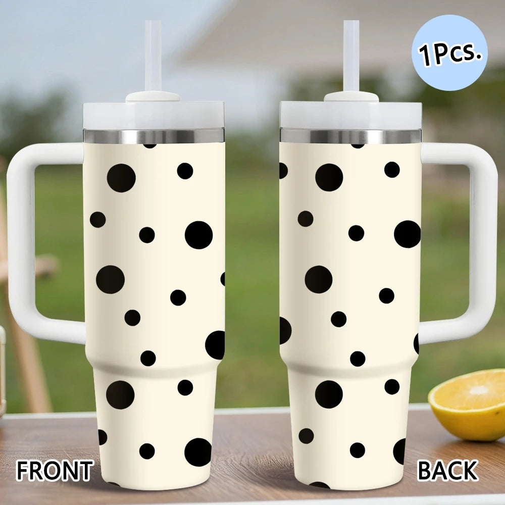 Gobelet isotherme en acier inoxydable 40oz à motif pois, avec poignée et paille, anti-fuite, pour voyage