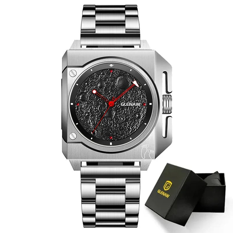 Montre Homme GLENAW Design de marque originale Montre mécanique cadran de lune pointeur de vaisseau spatial lumineux Montre en acier inoxydable pour hommes