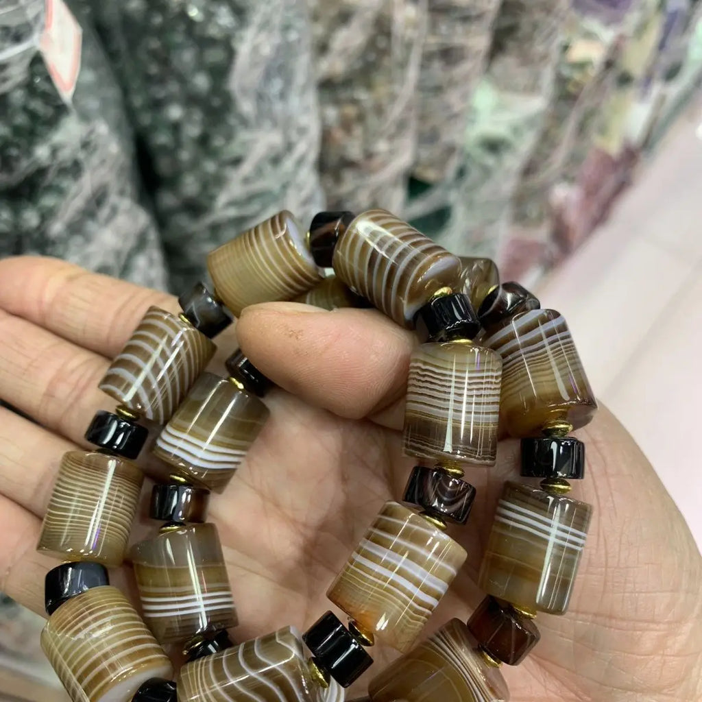 Bracelet pour homme en perles d'agate naturelle enveloppées de soie, style ethnique, avec perles en forme de seau, fait main, Passepartout