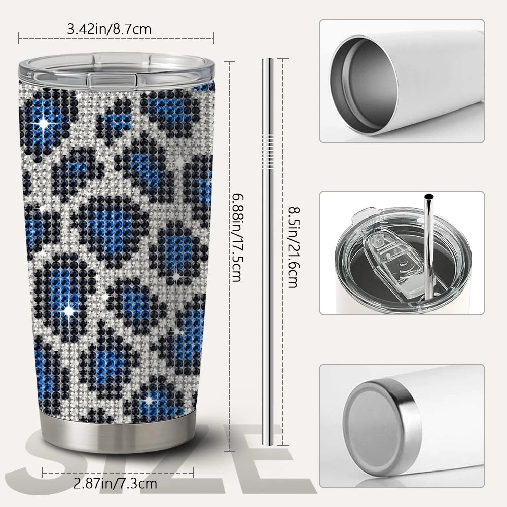 Tasse à café isotherme en acier inoxydable de 20 oz avec motif léopard et cœur en strass, 2 couvercles et paille réutilisable